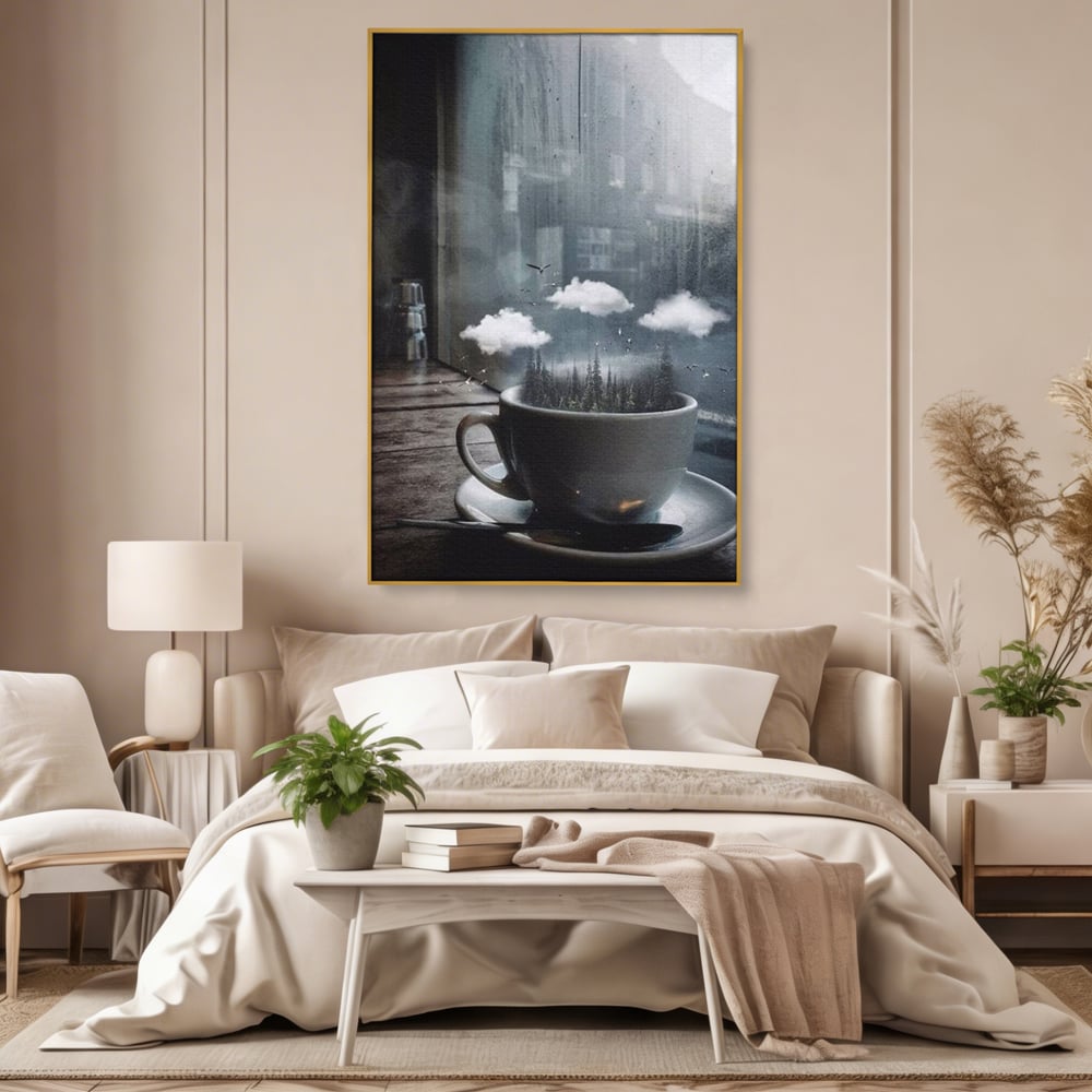 Tablou canvas cu ceasca de cafea cu padure si nori, in rama de aluminiu auriu, pe perete intr-un dormitor